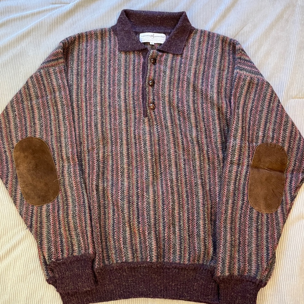Peruvian Connection Striped Crewneck Sweater in Burgundy, Brown and Gray